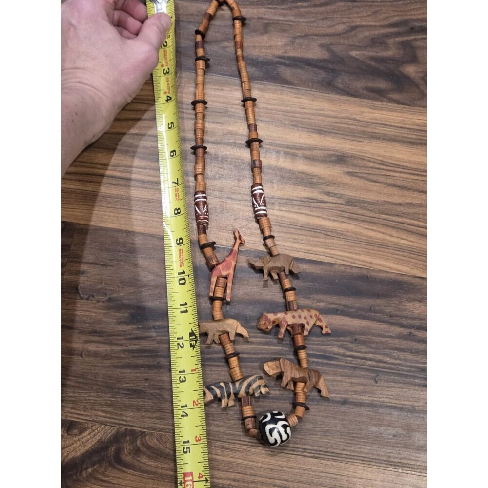 Safari Animal Necklace Carved Wood Beads Giraffe Zebra Lion Elephant Boho Tribal - Picture 7 of 9